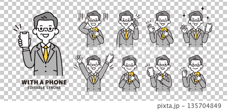 A vector illustration set of various expressions and poses of middle-aged and elderly businessmen holding smartphones A vector illustration set of various expressions and poses of middle-aged and elderly businessmen holding smartphones 135704849