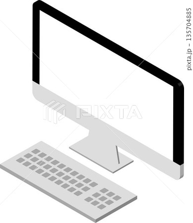 アイソメトリックなデスクトップパソコンのイラスト。モニターとキーボードのベクター素材 135704885
