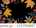 Autumn flat lay frame with colorful fallen leaves, acorns, and nuts on a solid black background, top view with central copy space. 135704887