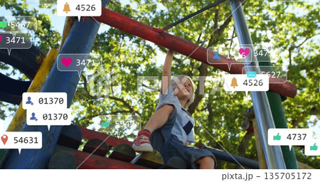 Climbing child gripping red horizontal bar in park playground, with floating social media icons Climbing child gripping red horizontal bar in park playground, with floating social media icons 135705172