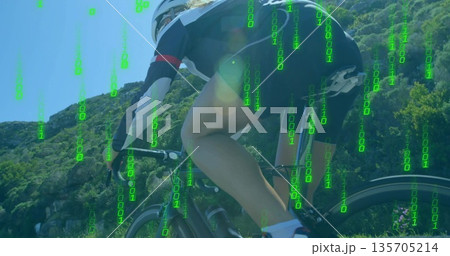 Pedaling cyclist in helmet, jersey on road bike up mountain road, with binary overlay, copy space Pedaling cyclist in helmet, jersey on road bike up mountain road, with binary overlay, copy space 135705214