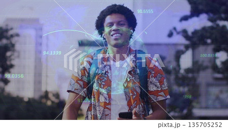 Male walking on sidewalk at dusk wearing floral shirt and backpack holding smartphone and earphones Male walking on sidewalk at dusk wearing floral shirt and backpack holding smartphone and earphones 135705252