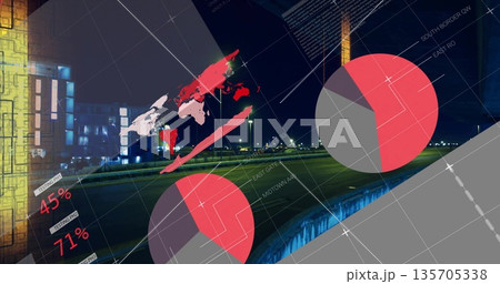 Displaying pie chart hovering over nighttime runway lights, with 45% 71% world map, copy space 135705338