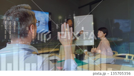 Raising hand mature male participant requesting input in conference room, with laptop, copy space Raising hand mature male participant requesting input in conference room, with laptop, copy space 135705356