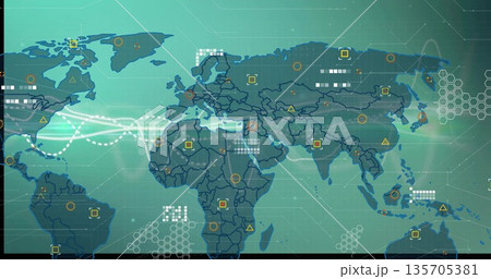 Presenting stylized world map in UI style, with dotted route lines, data markers, hex patterns 135705381