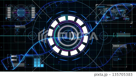 Pulsing central circular HUD interface highlighting virtual display, with neon DNA helix streams Pulsing central circular HUD interface highlighting virtual display, with neon DNA helix streams 135705383