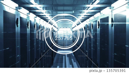 Projecting digital overlay displaying numeric readouts down data center corridor, with server racks 135705391