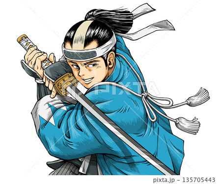 構える新選組一番隊組長の沖田総司 構える新選組一番隊組長の沖田総司 135705443