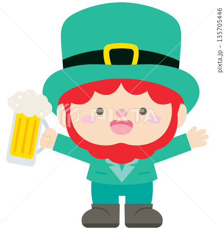 Cute leprechaun character holding a glass of green beer for Saint Patrick's day 135705446