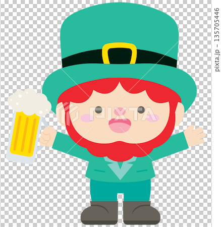 Cute leprechaun character holding a glass of green beer for Saint Patrick's day 135705446