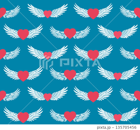 Vector seamless pattern with hearts with angel wings on blue background. Festive texture with love symbol in the air 135705456