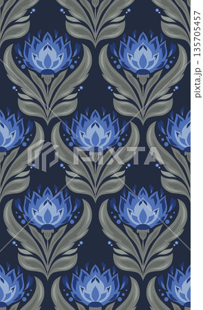 Vector seamless floral pattern with stylized lotus blue flowers on dark background. Decorative floral folk art style texture Vector seamless floral pattern with stylized lotus blue flowers on dark background. Decorative floral folk art style texture 135705457