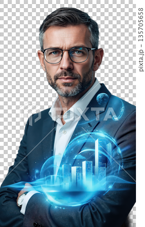 A confident male CEO in icy blue, standing strong with floating projections of sustainable growth and global leadership, reflecting his 135705658