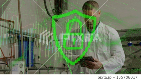 Scientist in lab coat analyzing tablet in industrial lab, with digital shield and candlestick chart Scientist in lab coat analyzing tablet in industrial lab, with digital shield and candlestick chart 135706017
