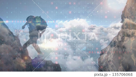 Climbing male climber navigating alpine ridge with backpack, boots and grid overlay, copy space 135706068