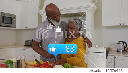 Mature couple chopping peppers and tomatoes on cutting board in home kitchen, with rice cooker Mature couple chopping peppers and tomatoes on cutting board in home kitchen, with rice cooker 135706084