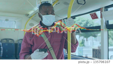 Checking smartphone with data overlays while gripping handrail on city bus by masked gloved rider 135706107