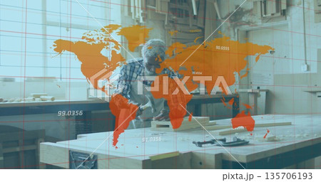 African American carpenter apron-clad shaping plank using plane at workbench with world map overlay African American carpenter apron-clad shaping plank using plane at workbench with world map overlay 135706193