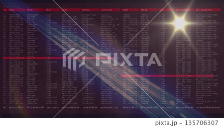 Showing monospaced data screen scrolling at cyber terminal, with masked credentials and lens flare Showing monospaced data screen scrolling at cyber terminal, with masked credentials and lens flare 135706307