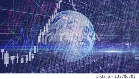 Showing Earth globe overlaying environment with financial charts numeric matrix and light streaks Showing Earth globe overlaying environment with financial charts numeric matrix and light streaks 135706308