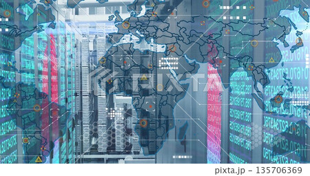 Highlighting server racks streaming numeric code and map overlay in server room, with LED lights Highlighting server racks streaming numeric code and map overlay in server room, with LED lights 135706369