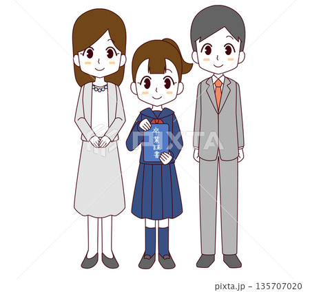 卒業証書を持ったセーラー服の女の子と両親のイラスト 135707020