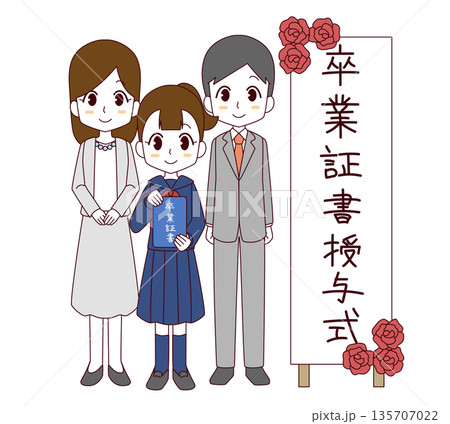 卒業式の看板の前で並ぶ女の子と両親のイラスト 135707022