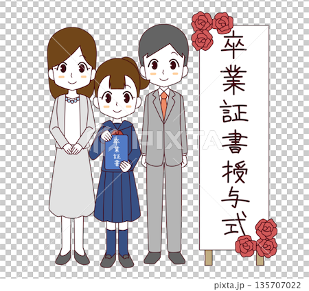 卒業式の看板の前で並ぶ女の子と両親のイラスト 135707022