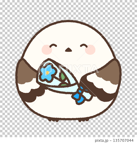 にっこり笑顔で一輪の青い花を持つシマエナガ 135707044