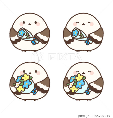 青い花を持つシマエナガのイラストセット 青い花を持つシマエナガのイラストセット 135707045