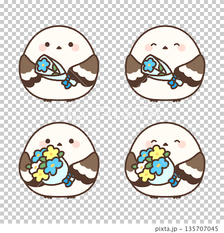 青い花を持つシマエナガのイラストセット 青い花を持つシマエナガのイラストセット 135707045