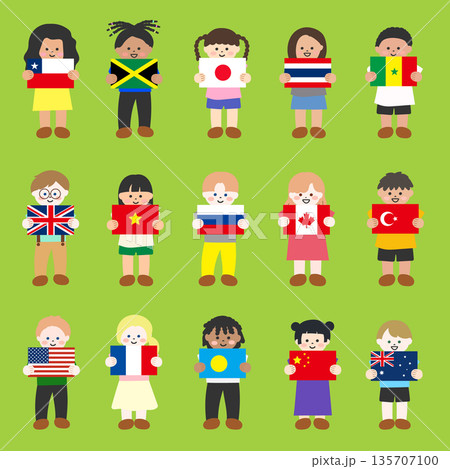 国旗を両手で持つ子どもたちのイラストセット 国旗を両手で持つ子どもたちのイラストセット 135707100