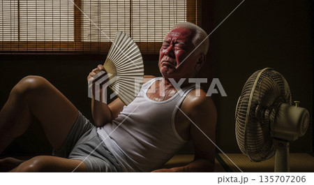 蒸し暑い部屋で汗だくになって顔をしかめる高齢男性　室内熱中症　電気代節約　危険 135707206