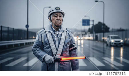 悪天候の中で立ち続ける高齢の日本人警備員　シニアワーク　労働環境　安全確保 135707213