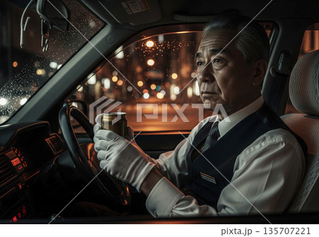 雨の夜にハンドルを握り休憩する高齢タクシー運転手　プロドライバー　夜間業務　シニア 135707221
