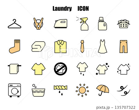 洗濯関係のシンプルな線画アイコンセット、黄色 135707322