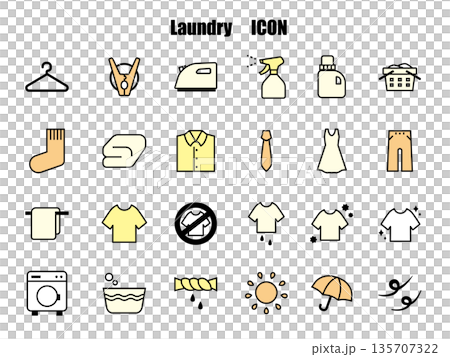 洗濯関係のシンプルな線画アイコンセット、黄色 135707322