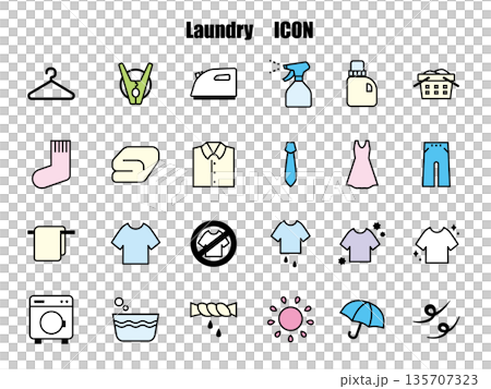 一套色彩繽紛的洗衣相關簡約線條圖標，包含多個彩色圖標。 135707323