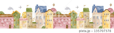 Seamless watercolor town border with cute houses and trees. Hand painted cozy village illustration for kids design, nursery decor, backgrounds, banners and storytelling projects. Seamless watercolor town border with cute houses and trees. Hand painted cozy village illustration for kids design, nursery decor, backgrounds, banners and storytelling projects. 135707378