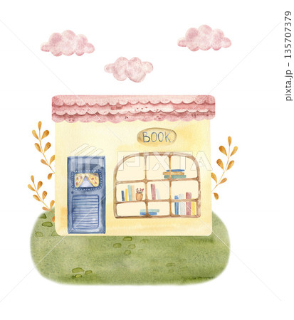 Watercolor illustration of a cozy book shop house with books in the window, soft pastel colors and hand painted texture. Perfect for children design, nursery decor, fairy tale stories and book themes. 135707379