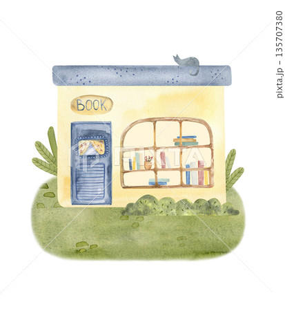 Watercolor illustration of a cozy book shop house with books in the window, soft pastel colors and hand painted texture. Perfect for children design, nursery decor, fairy tale stories and book themes. 135707380