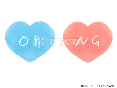 OKとNGの文字入りのシンプルな水彩風ハートのイラストセット OKとNGの文字入りのシンプルな水彩風ハートのイラストセット 135707386