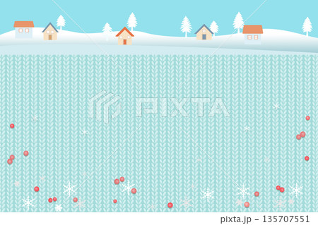 家と木のある雪の風景、ニット編み物の背景イラスト 135707551