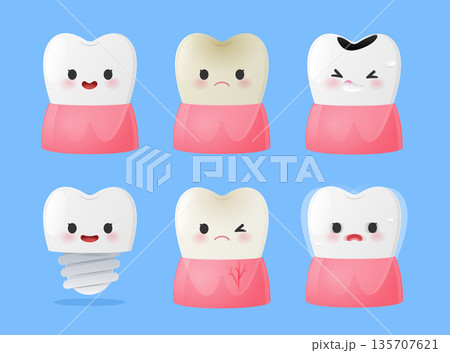 Cute Dental Cartoon Collection Showing Six Tooth Conditions Cute Dental Cartoon Collection Showing Six Tooth Conditions 135707621