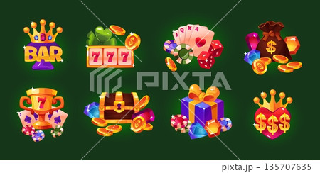 Cartoon gambling icons compositions. Online casino game assets, golden trophy cup, lucky symbols, poker cards and chips, money bag for jackpot, slot machine, tidy vector isolated set 135707635