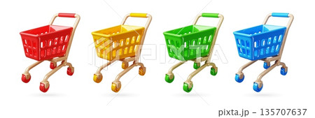 Color cartoon 3d grocery basket. Goods collection and transportation in supermarket, empty plastic trolley, different colors, render glossy objects, delivery symbol classy vector isolated set Color cartoon 3d grocery basket. Goods collection and transportation in supermarket, empty plastic trolley, different colors, render glossy objects, delivery symbol classy vector isolated set 135707637