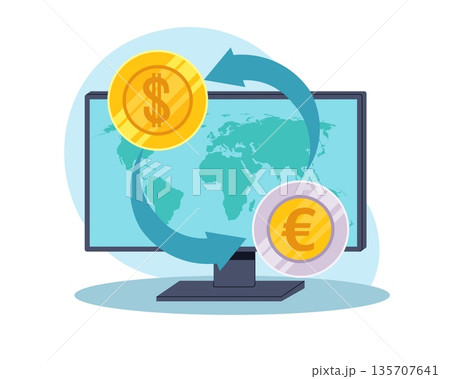 Currency exchange. Money transfer, changing one currency to another, monitor with world map, dollar and euro coins, international exchange, online wallet vector cartoon isolated concept Currency exchange. Money transfer, changing one currency to another, monitor with world map, dollar and euro coins, international exchange, online wallet vector cartoon isolated concept 135707641