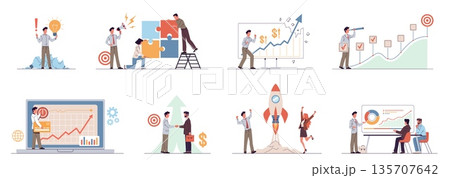 Developing your own business scenes. Successful startup, market analysis and planning, teamwork company creation, new project planning and performance nowaday vector cartoon isolated set 135707642