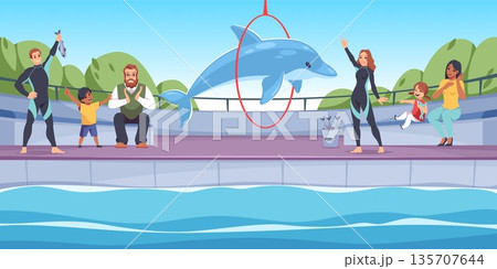 Dolphin performance. Happy viewers watch stunt with sea animals and trainers, family at dolphinarium, jump through ring, entertainment show cartoon flat style isolated tidy vector concept 135707644