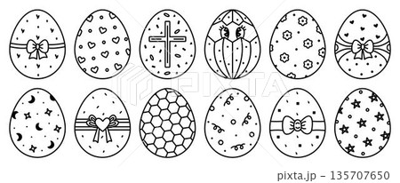 Black line cute Easter eggs with different patterns, vector monochrome icon set. Various outline signs. Festive linear pictograms, decorative whimsical cliparts Black line cute Easter eggs with different patterns, vector monochrome icon set. Various outline signs. Festive linear pictograms, decorative whimsical cliparts 135707650